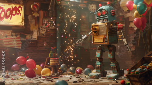 Retro robot intended for a surprise party. stands amidst a pile of fallen balloons and a toppled cake. photo