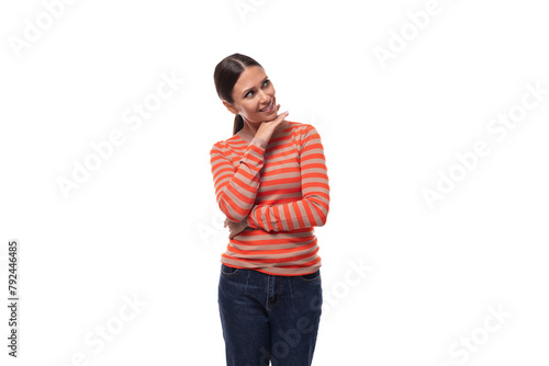 caucasian smart young black-haired woman with a ponytail hairstyle dressed in an orange jacket on a white background