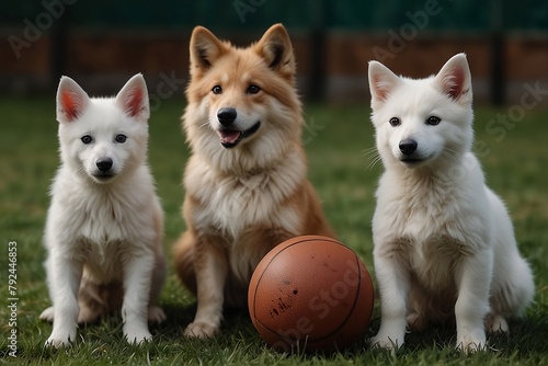 Group of dog puppies playing soccer  photo