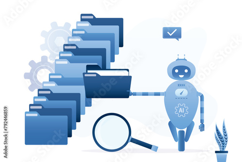 Quick files search. Funny cyborg hold folder with documents. Automatic database indexing, robot doing fast unzipping. Easy search system for files and information.