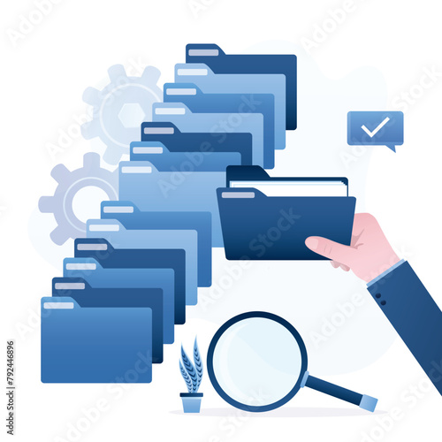 Quick files search. Clerk hand holds folder with documents. Database indexing, fast unzipping. Easy search system for files and information. Content storage.