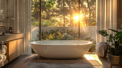 Modern Bathroom Interior with Nature View at Sunset