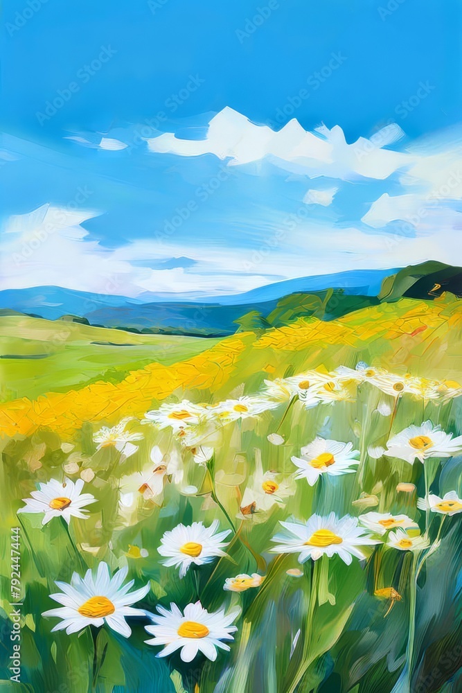 Beautiful spring landscape with meadow yellow flowers and daisies Beautiful spring landscape with meadow yellow flowers and daisies
