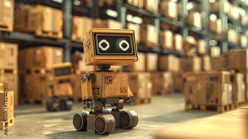 A closed up robot truck with yellow body waits at the loading dock, ready to transport goods.The storage room buzzes with activity as robots efficiently transport packages across the floor.