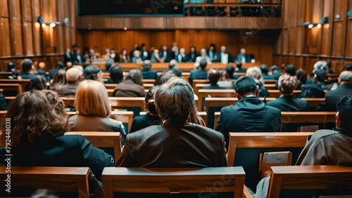 A large crowd of people are sitting in a room, some of them wearing suits. The room is filled with wooden chairs and a few people are holding handbags. The atmosphere seems to be formal photo