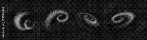 White air flow effect on transparent background. Realistic vector illustration set of fresh cold wind blowing wave and swirl. Clean cool breeze stream. Vacuum cleaner or condition suction trail.