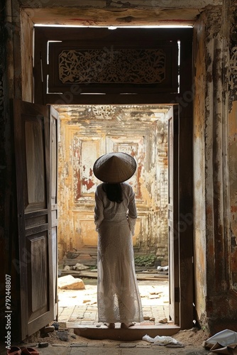 Vietnamese woman wearing an ancient white ao dai. generative ai