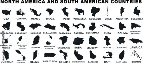 North and South America detailed vector map silhouettes. Perfect educational  geography reference  travel graphic  business infographic. Clear  labeled  easy use