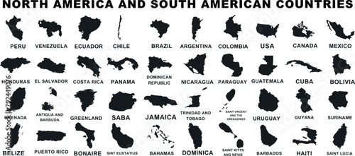 North, South America map silhouettes, USA, Canada, Brazil, Mexico maps vector. Educational, geographical representation for learning, websites