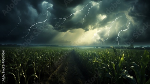 Intense lightning storm brewing above a sprawling cornfield, highlighting the eerie beauty and unpredictability of nature in agricultural settings