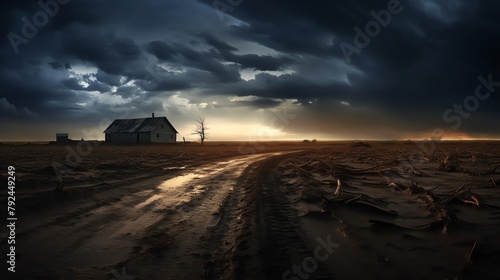 Old, forsaken house on the outskirts, surrounded by barren land, under a stormy sky, creates a chilling atmosphere of despair and haunted tales photo
