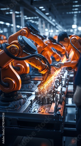 Precision robotic arms in a hightech facility meticulously assembling microchips, showcasing the fusion of robotics and advanced manufacturing