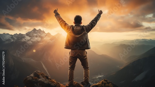 Young entrepreneur at the summit of a mountain at dusk  facing away  bathed in the yellow glow of the setting sun  symbolizing victory and personal goals