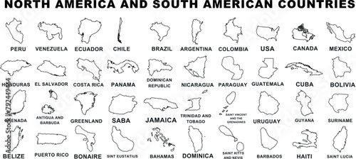 North america and South America map outline states, educational geographical visual aid. Clear, detailed representation of countries like USA, Canada, Brazil, Argentina, Chile etc