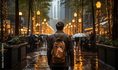 Man Walking With Backpack on Rain-Soaked Street