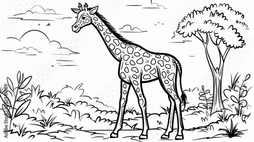 Animals  simple outlines   A coloring book page featuring a smiling giraffe outline