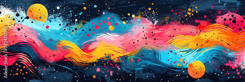 The painted background is on trend with Cluttercore, using rich colors and bold strokes. Bright banner for the background.