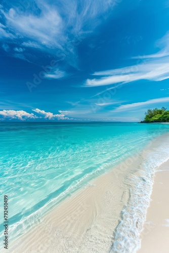 Tropical beach with clear turquoise water under a blue sky