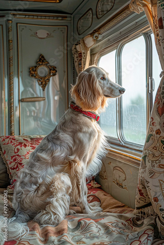 An English Setter dog is sitting elegantly within the opulent interior of a vintage train carriage, looking out the window photo