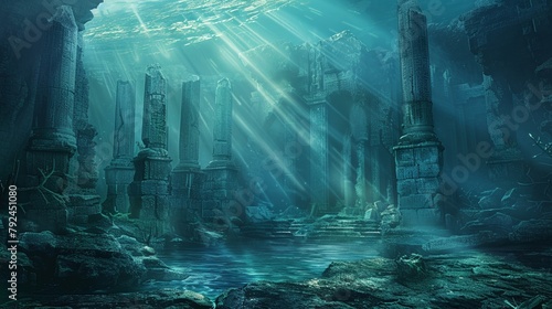 Sunbeams penetrating the water to reveal the enigmatic ruins of an underwater city, a scene full of mystery and history photo