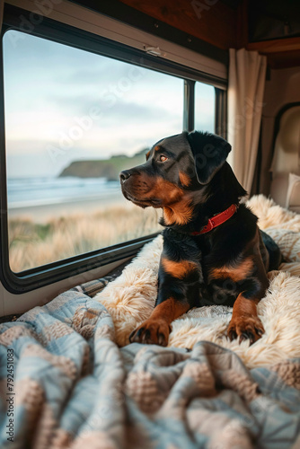 This striking image shows a Rottweiler dog gazing out of a camper van window, surrounded by soft, comfortable blankets