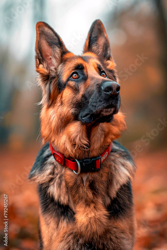 A majestic German Shepherd dog gazes upward wearing a red collar against a blurred autumnal forest background