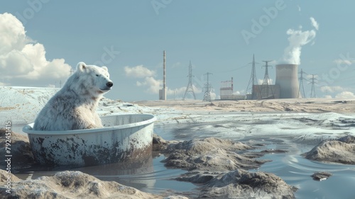 A reflection on global warming. Polar bear sitting in a latex tub In the far background is a power plant.