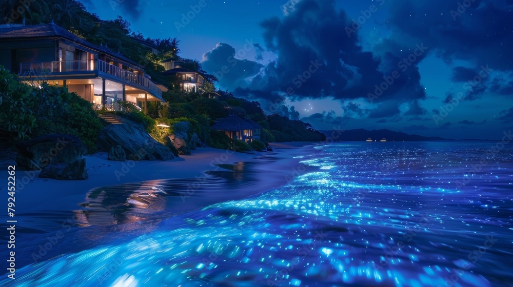 A surreal landscape unfolds as the waves glitter with bioluminescent plankton creating a hypnotic symphony of light and sound for guests staying in the beachside suites. 2d flat cartoon.