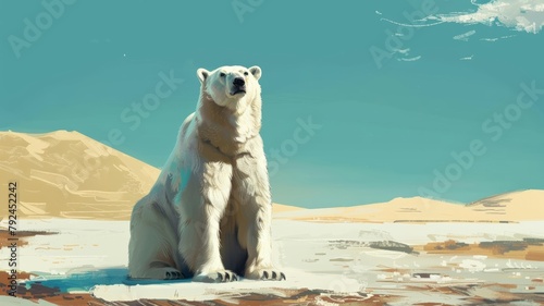 A reflection on global warming. Polar bear sitting in a latex tub In the far background is a power plant.