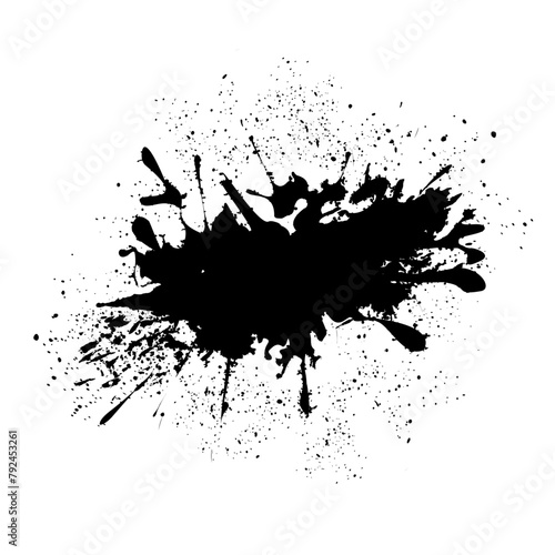 Artistic texture of ink brush strokes, splash stains, callouts. Black dried paint is splattered in disarray. Isolated black ink stencil for graphic design, text boxes.