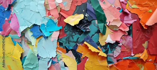 Colorful paper background with an abstract collage of torn pieces of colorful papers. Abstract art background with colorful textured elements. Flat lay, top view. 