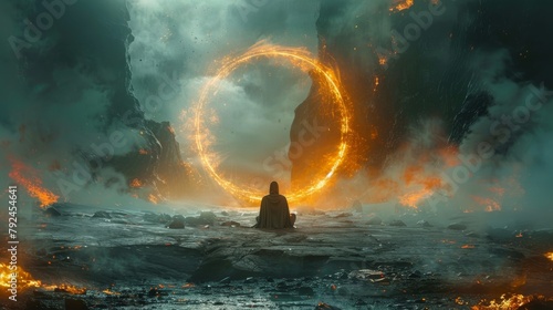 A lone figure sits in a meditative state in front of a large fiery portal. photo