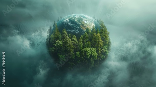 Conceptual artwork of a forest-covered planet among clouds with rays of light #792454695