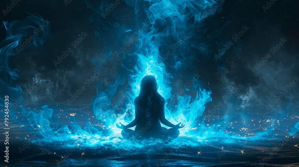 Obraz premium A woman is meditating in the middle of a blue fire.