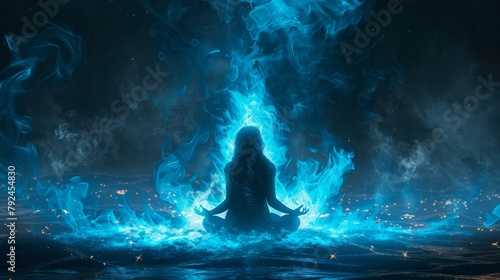 A woman is meditating in the middle of a blue fire.