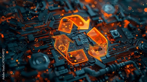 Circuit board with a glowing orange recycle symbol.