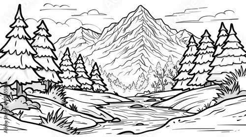 Nature: A coloring book page featuring a snowy mountain peak, with pine trees
