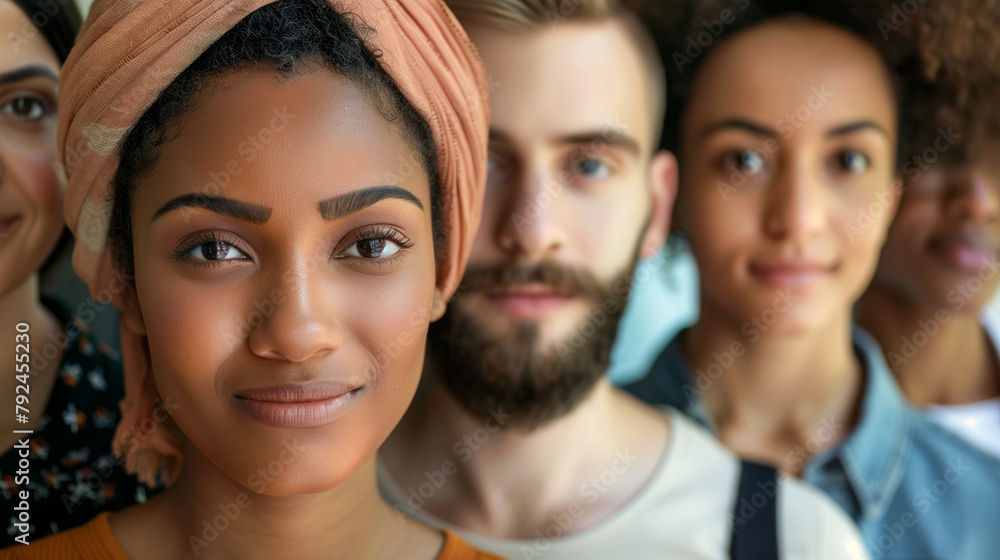 A group of people are standing together. The woman in the center of the group is smiling and looking at the camera. The group appears to be diverse. different people A group of people are standing together. The woman in the center of the group is smiling and looking at the camera. The group appears to be diverse. different people
