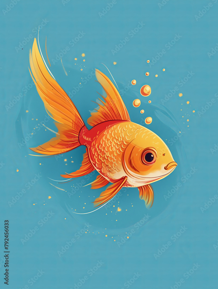 A goldfish with big eyes and a long tail. The goldfish is orange and ...