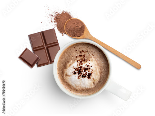 Cup of hot cocoa drink and chocolate bar with cocoa powder in wooden spoon isolated on white background. Top view. Flat lay.
