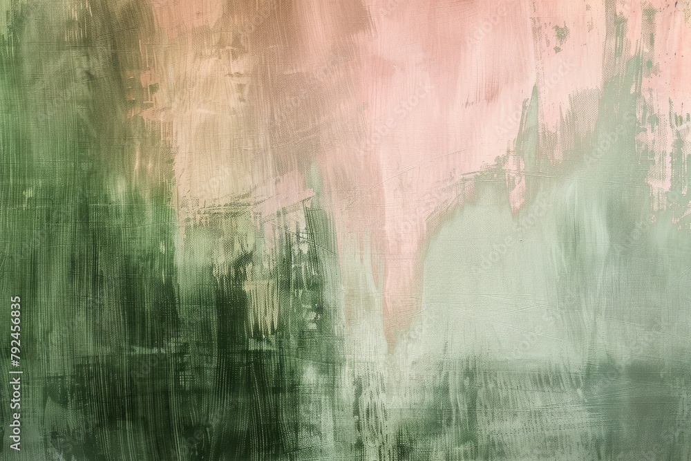 Abstract painting featuring a fusion of blush pink and sage green colors, creating a calming and harmonious palette