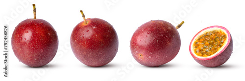 Foto Red Passion fruit (Maracuya Passiflora) with cut in half sliced isolated on white background