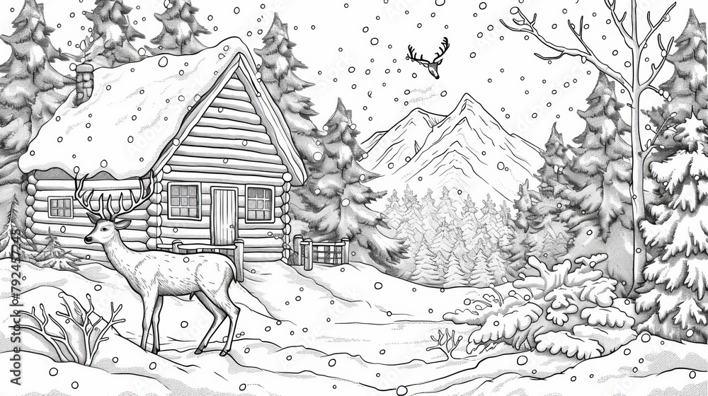 Seasons: A coloring book illustration of a cozy cabin in a snowy forest Seasons: A coloring book illustration of a cozy cabin in a snowy forest