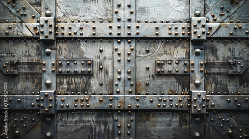 Bank vault door texture background. Constructed from thick, heavy metal panels reinforced with intricate patterns of rivets and bolt.