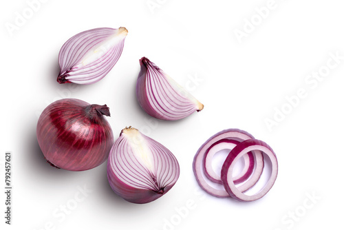 Fresh red onion and cut in half sliced isolated on white background, top view, flat lay. 