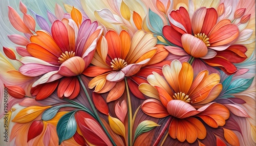 Abstract Floral Patterns in Red  Orange  Pink  and Yellow Against a Colorful Blurred Background