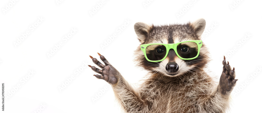 Fototapeta premium A raccoon wearing green sunglasses. The image has a playful mood, as the raccoon is dressed up in sunglasses and he is enjoying the moment. Funny raccoon showing a rock gesture on white background