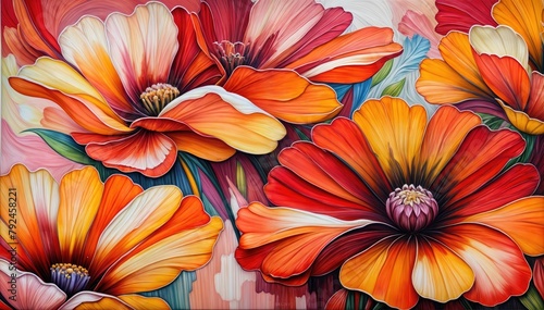Abstract Floral Patterns in Red, Orange, Pink, and Yellow Against a Colorful Blurred Background