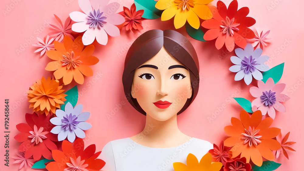 International Women's Day, copy space, portrait of a woman surrounded by vibrant paper-cut flowers. International Women's Day, copy space, portrait of a woman surrounded by vibrant paper-cut flowers.