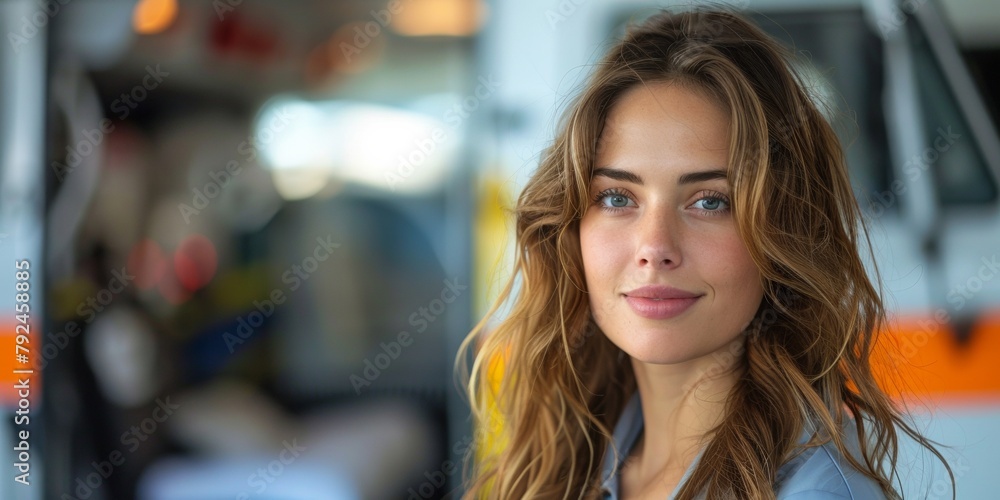A pretty, smiling Caucasian woman in a professional healthcare setting exudes confidence and care.